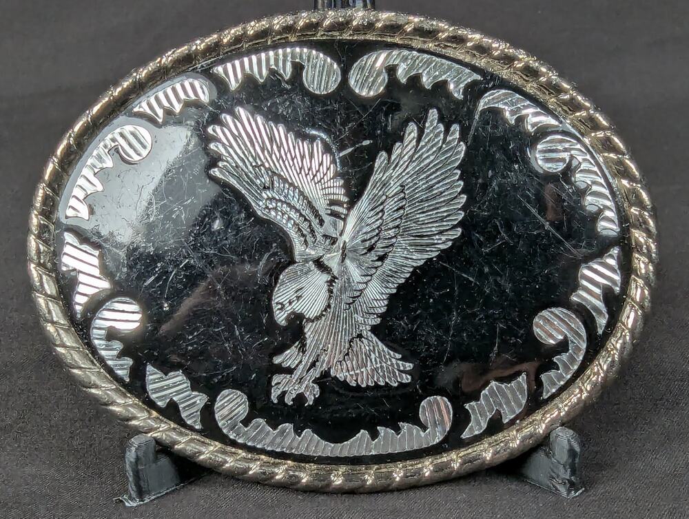 Vintage Oval Belt Buckle Silver-Tone Eagle Motif Black Enamel Rope Border 3.5in